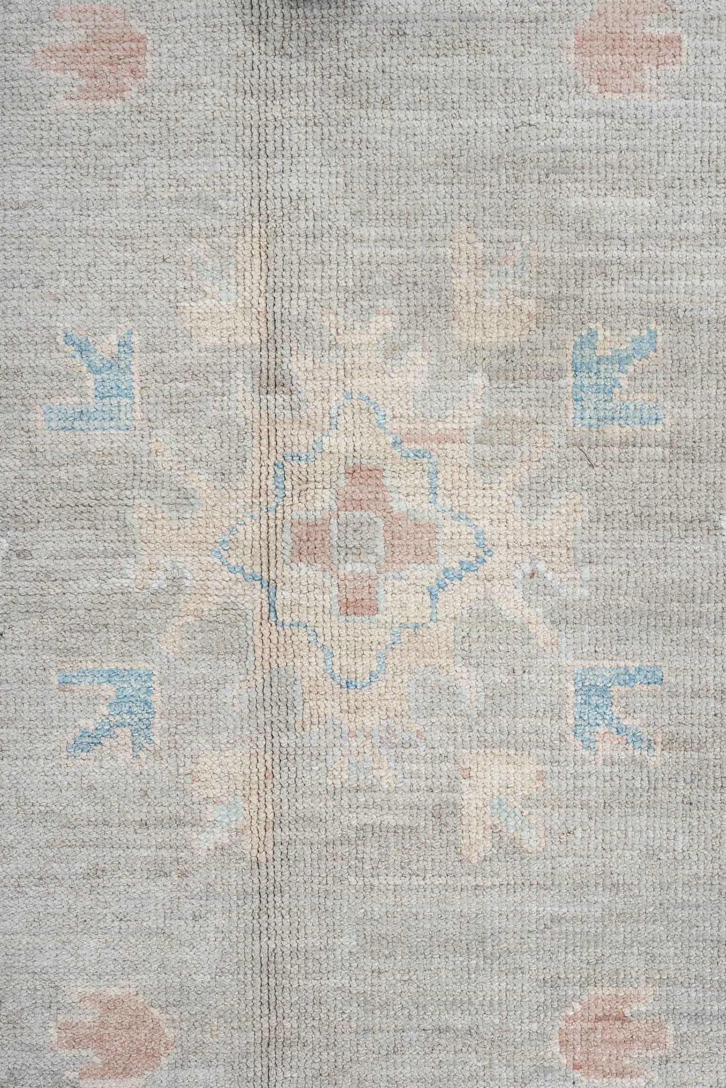12' x 15' one-of-a-kind handmade vintage Oushak oversize rug. Color palette: pale gray, ivory, sky blue, peach, taupe, sage