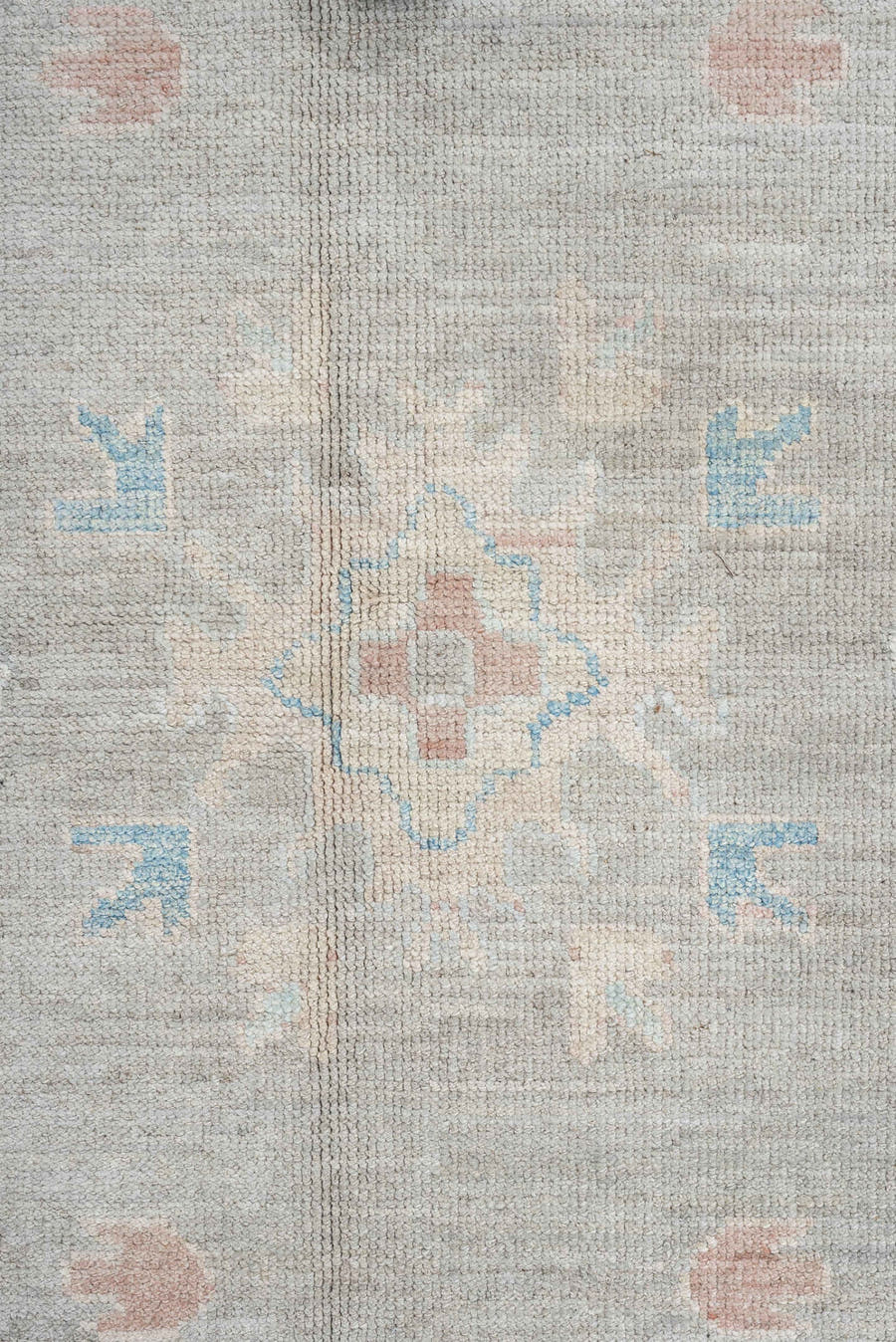 12' x 15' one-of-a-kind handmade vintage Oushak oversize rug. Color palette: pale gray, ivory, sky blue, peach, taupe, sage