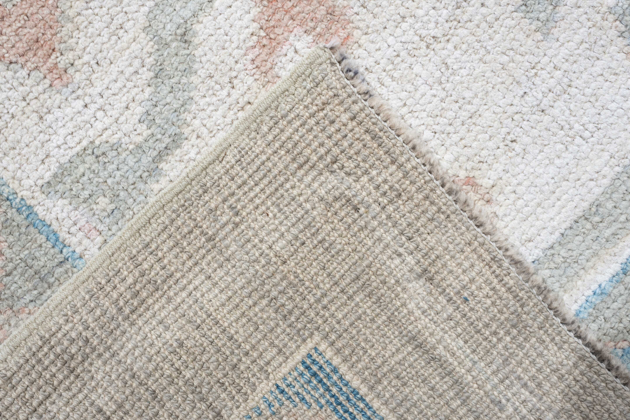 12' x 15' one-of-a-kind handmade vintage Oushak oversize rug. Color palette: pale gray, ivory, sky blue, peach, taupe, sage