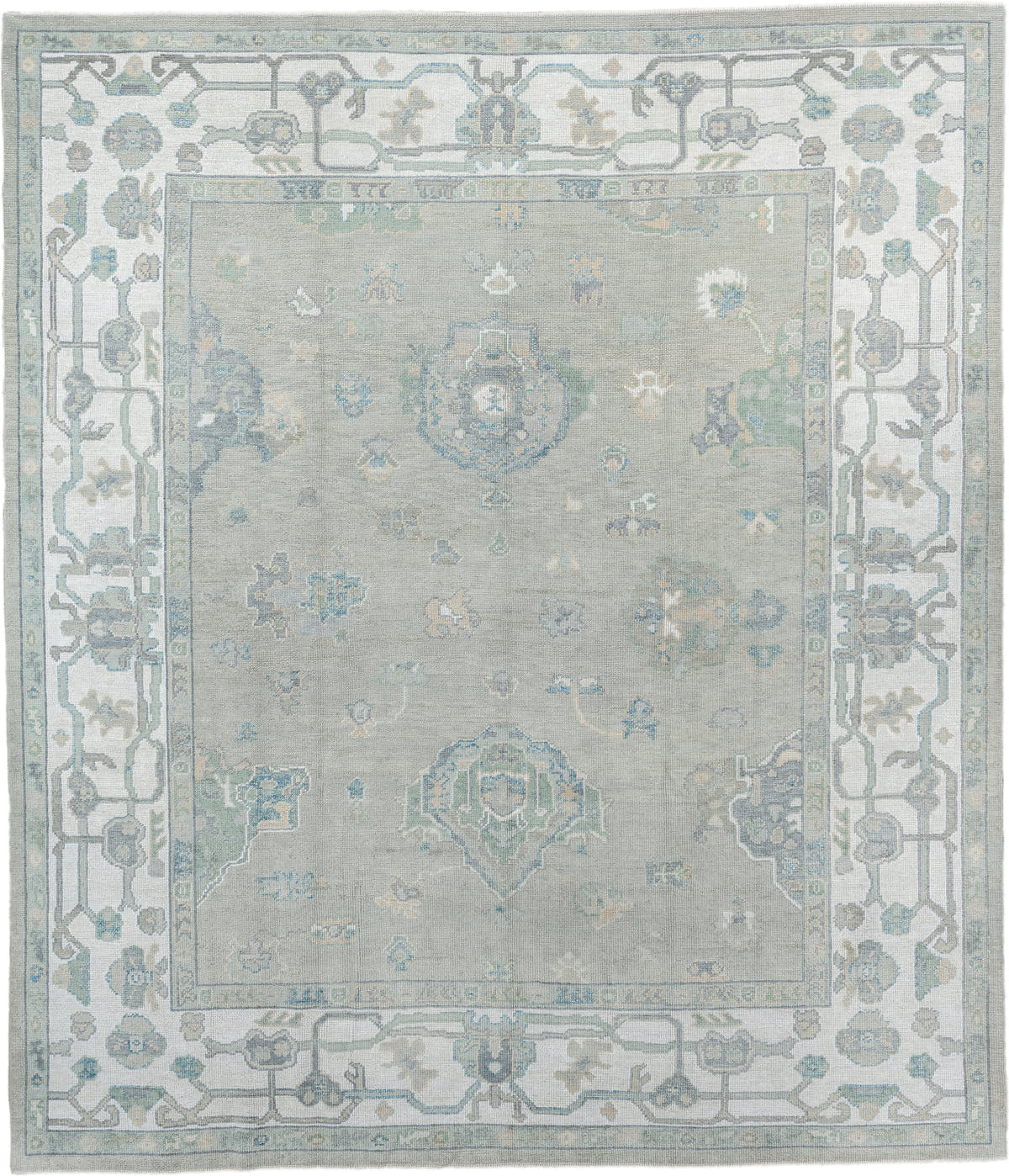 8' x 9' one-of-a-kind handmade vintage Oushak large size rug. Color palette: taupe, ivory, sky blue, sage, soft gold