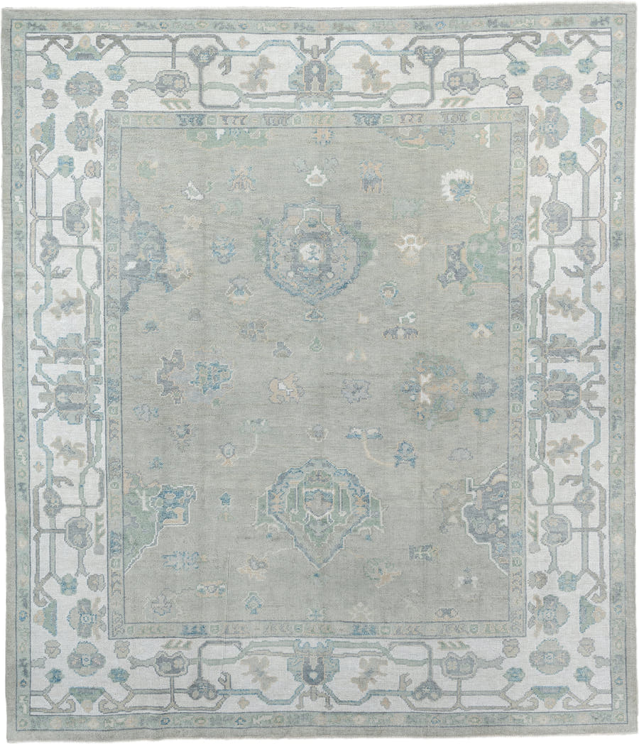 8' x 9' one-of-a-kind handmade vintage Oushak large size rug. Color palette: taupe, ivory, sky blue, sage, soft gold