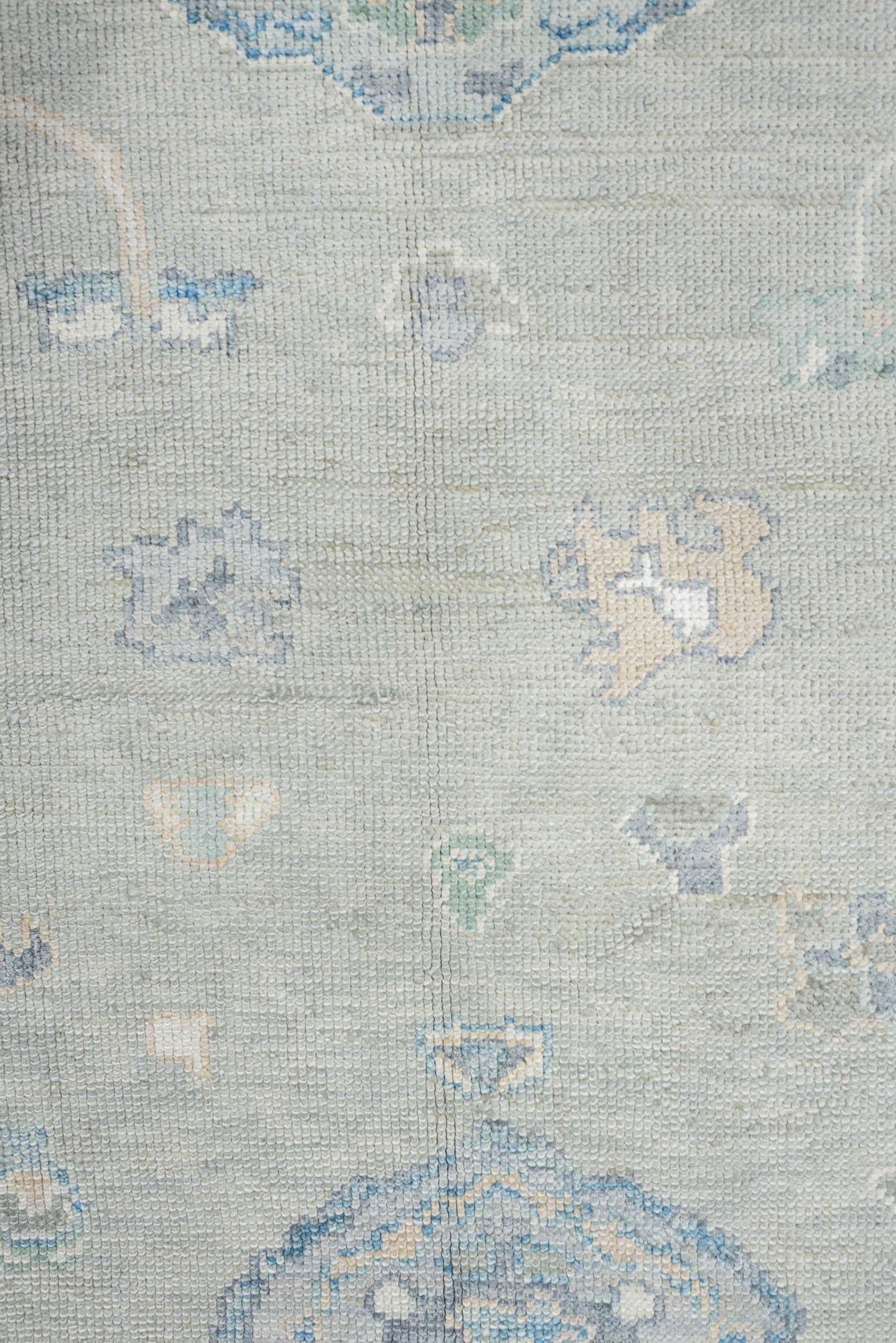 8' x 9' one-of-a-kind handmade vintage Oushak large size rug. Color palette: taupe, ivory, sky blue, sage, soft gold