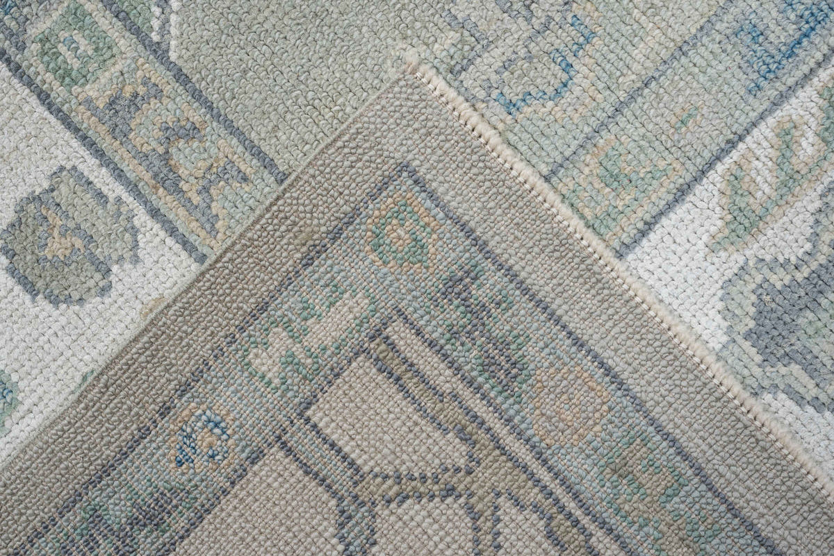 8' x 9' one-of-a-kind handmade vintage Oushak large size rug. Color palette: taupe, ivory, sky blue, sage, soft gold