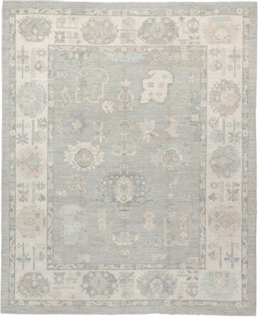 8' x 10' one-of-a-kind handmade vintage Oushak large size rug. Color palette: pale blue, ivory, taupe, cream, sage, beige