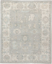 8' x 10' one-of-a-kind handmade vintage Oushak large size rug. Color palette: pale blue, ivory, taupe, cream, sage, beige