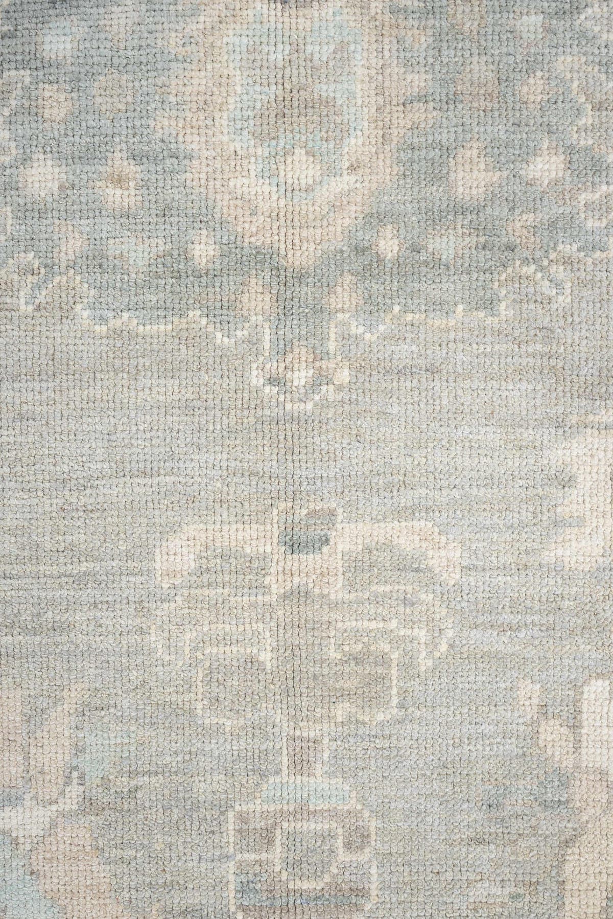 8' x 10' one-of-a-kind handmade vintage Oushak large size rug. Color palette: pale blue, ivory, taupe, cream, sage, beige