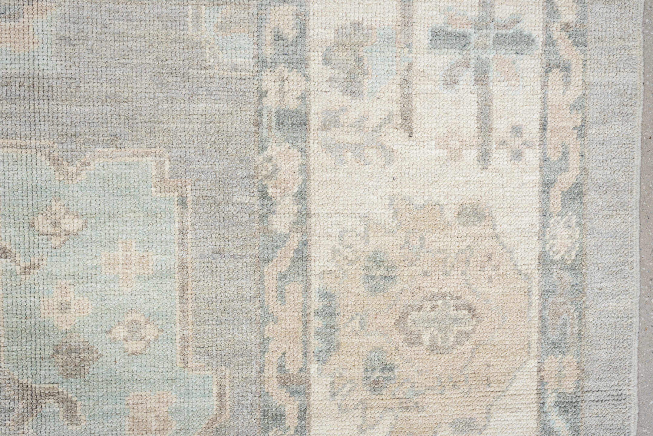 8' x 10' one-of-a-kind handmade vintage Oushak large size rug. Color palette: pale blue, ivory, taupe, cream, sage, beige