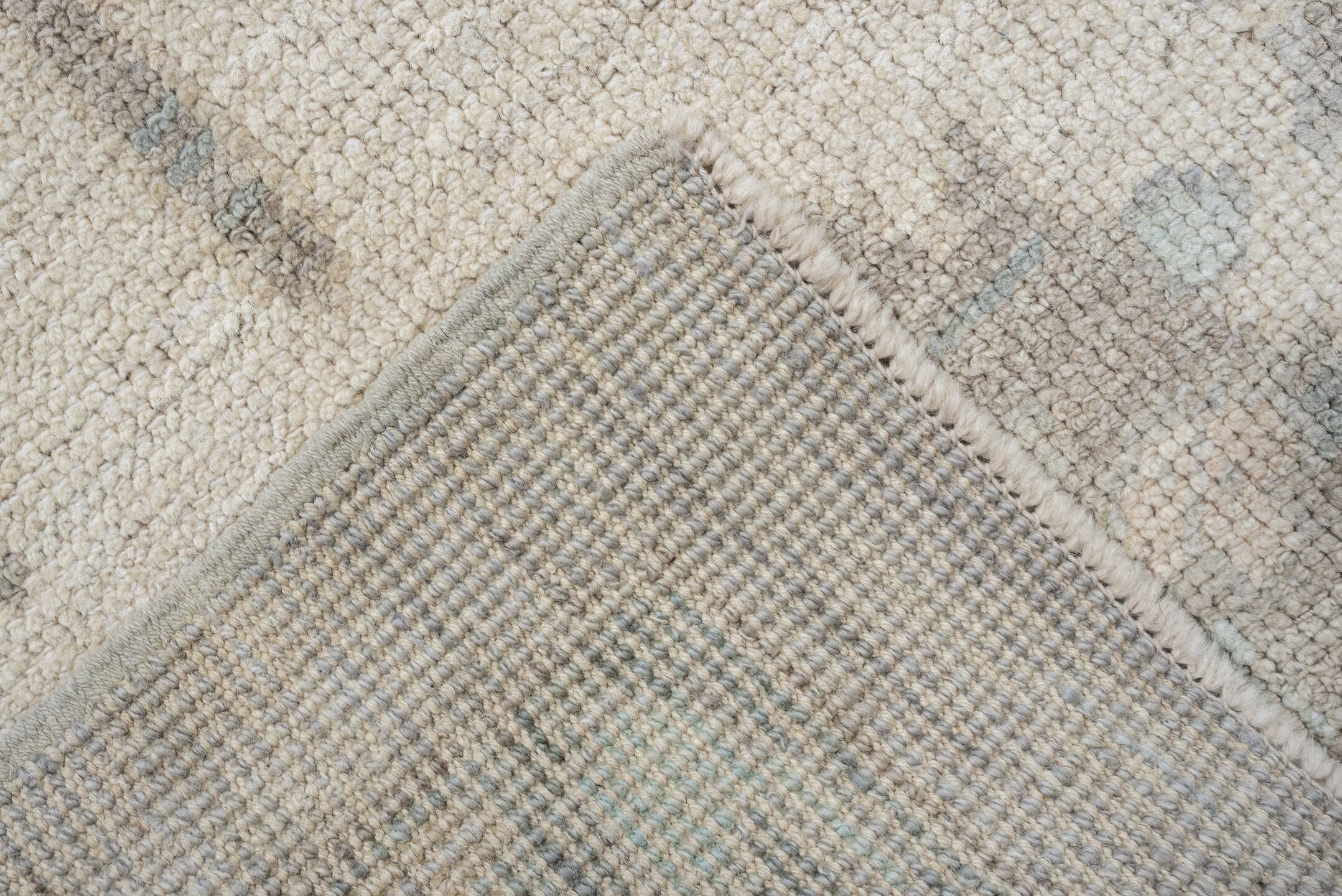 8' x 10' one-of-a-kind handmade vintage Oushak large size rug. Color palette: pale blue, ivory, taupe, cream, sage, beige