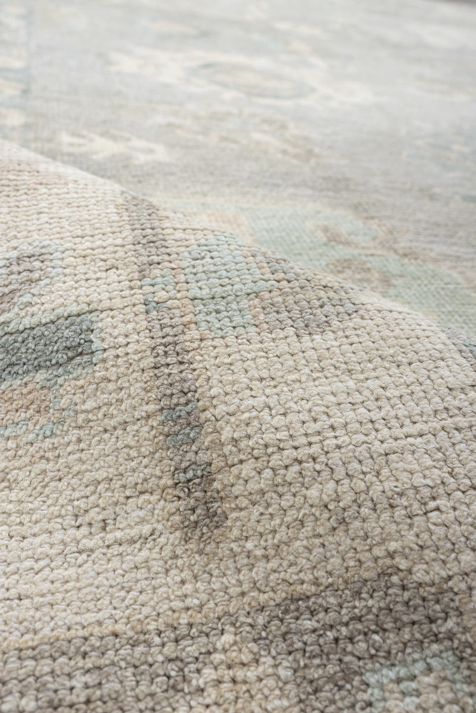 8' x 10' one-of-a-kind handmade vintage Oushak large size rug. Color palette: pale blue, ivory, taupe, cream, sage, beige