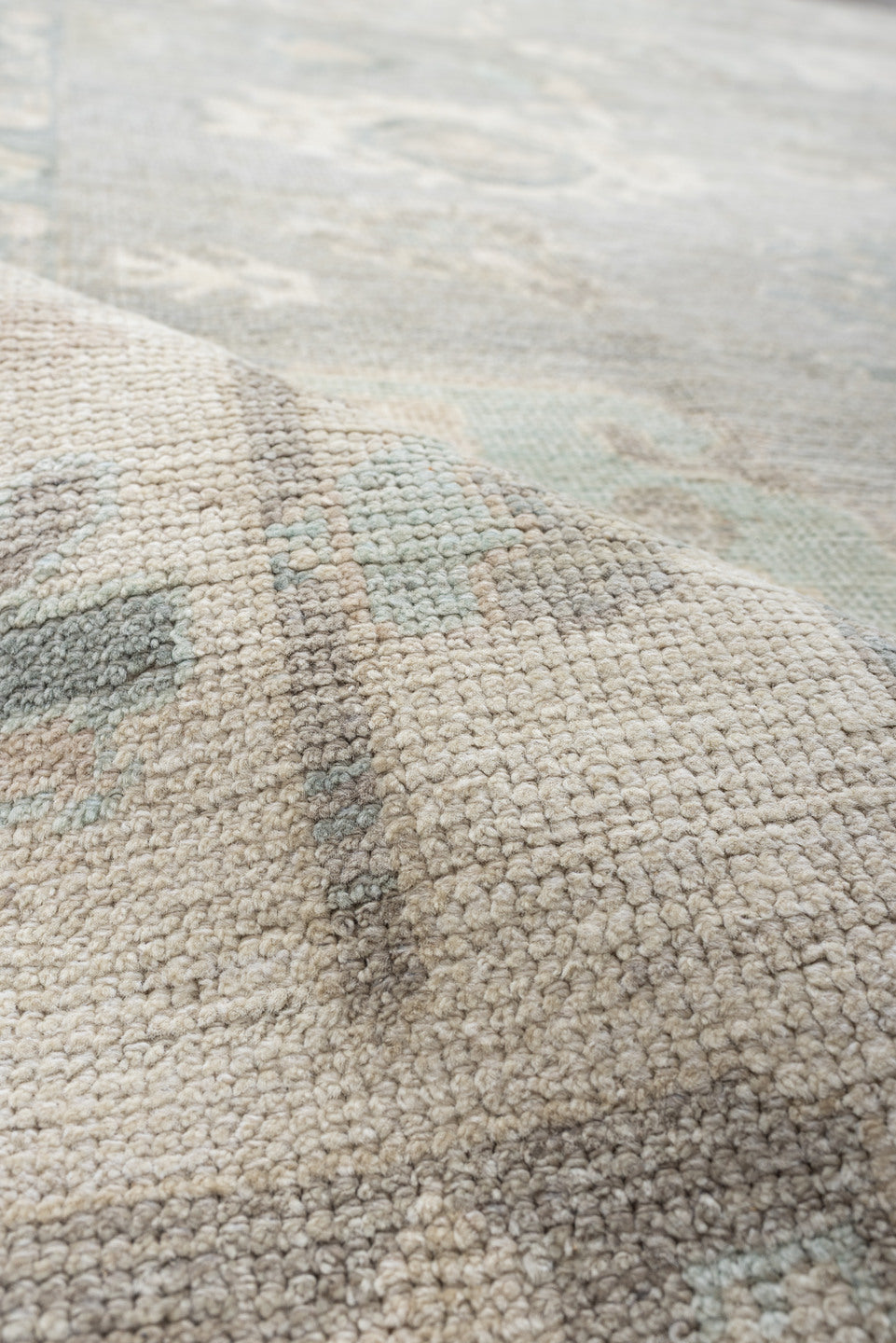 8' x 10' one-of-a-kind handmade vintage Oushak large size rug. Color palette: pale blue, ivory, taupe, cream, sage, beige