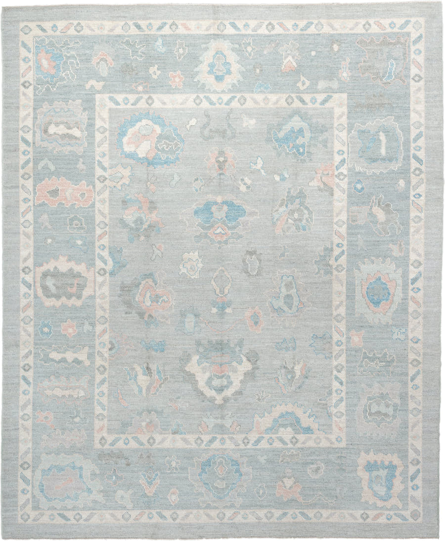 8' x 10' one-of-a-kind handmade vintage Oushak large size rug. Color palette: pale blue, ivory, sky blue, blush, taupe