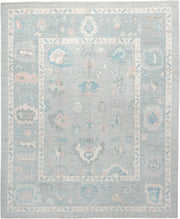 8' x 10' one-of-a-kind handmade vintage Oushak large size rug. Color palette: pale blue, ivory, sky blue, blush, taupe
