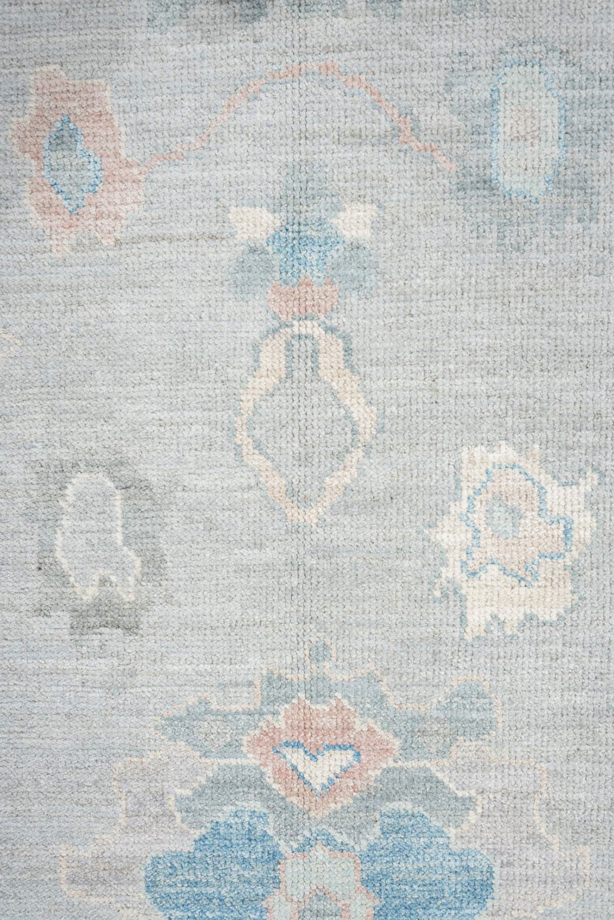 8' x 10' one-of-a-kind handmade vintage Oushak large size rug. Color palette: pale blue, ivory, sky blue, blush, taupe