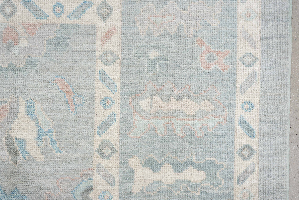 8' x 10' one-of-a-kind handmade vintage Oushak large size rug. Color palette: pale blue, ivory, sky blue, blush, taupe