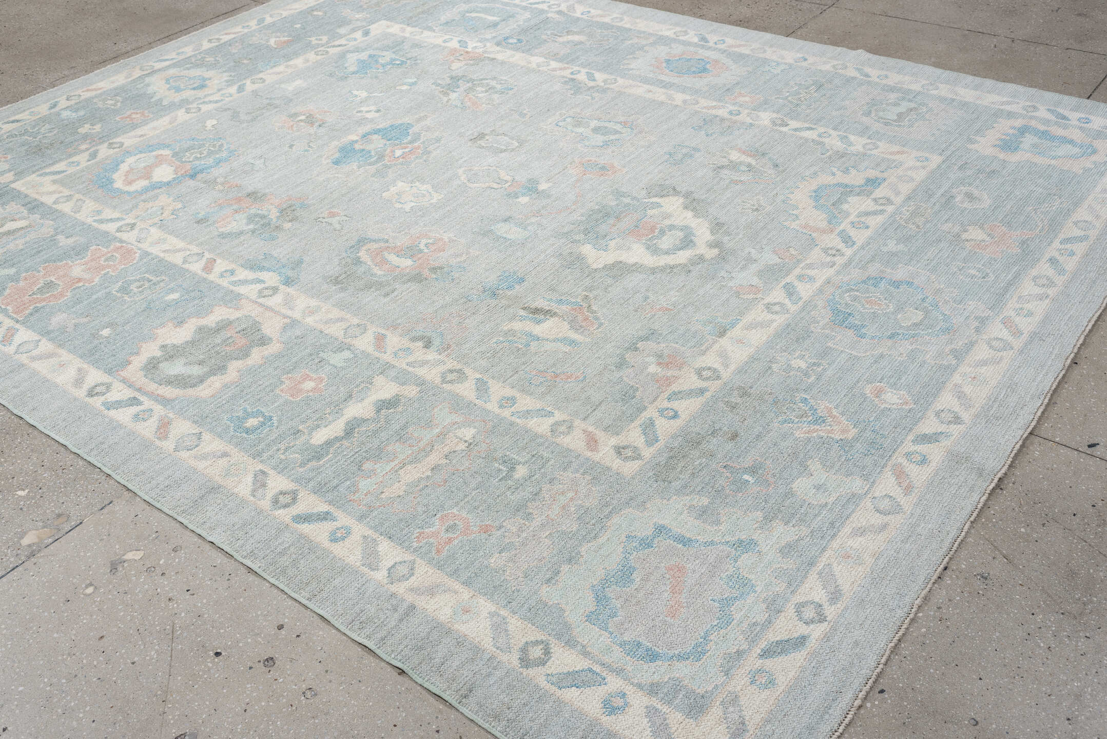 8' x 10' one-of-a-kind handmade vintage Oushak large size rug. Color palette: pale blue, ivory, sky blue, blush, taupe