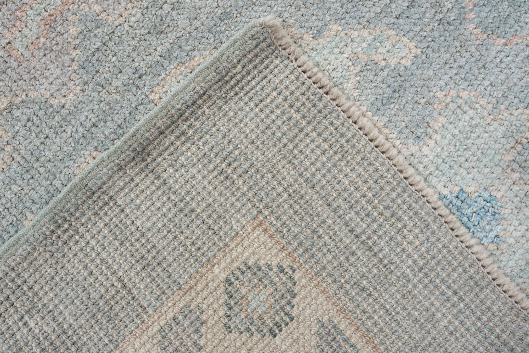 8' x 10' one-of-a-kind handmade vintage Oushak large size rug. Color palette: pale blue, ivory, sky blue, blush, taupe