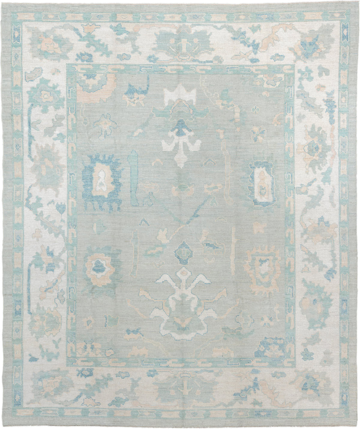 8' x 10' one-of-a-kind handmade vintage Oushak large size rug. Color palette: pale aqua, ivory, sky blue, taupe, cream, sage