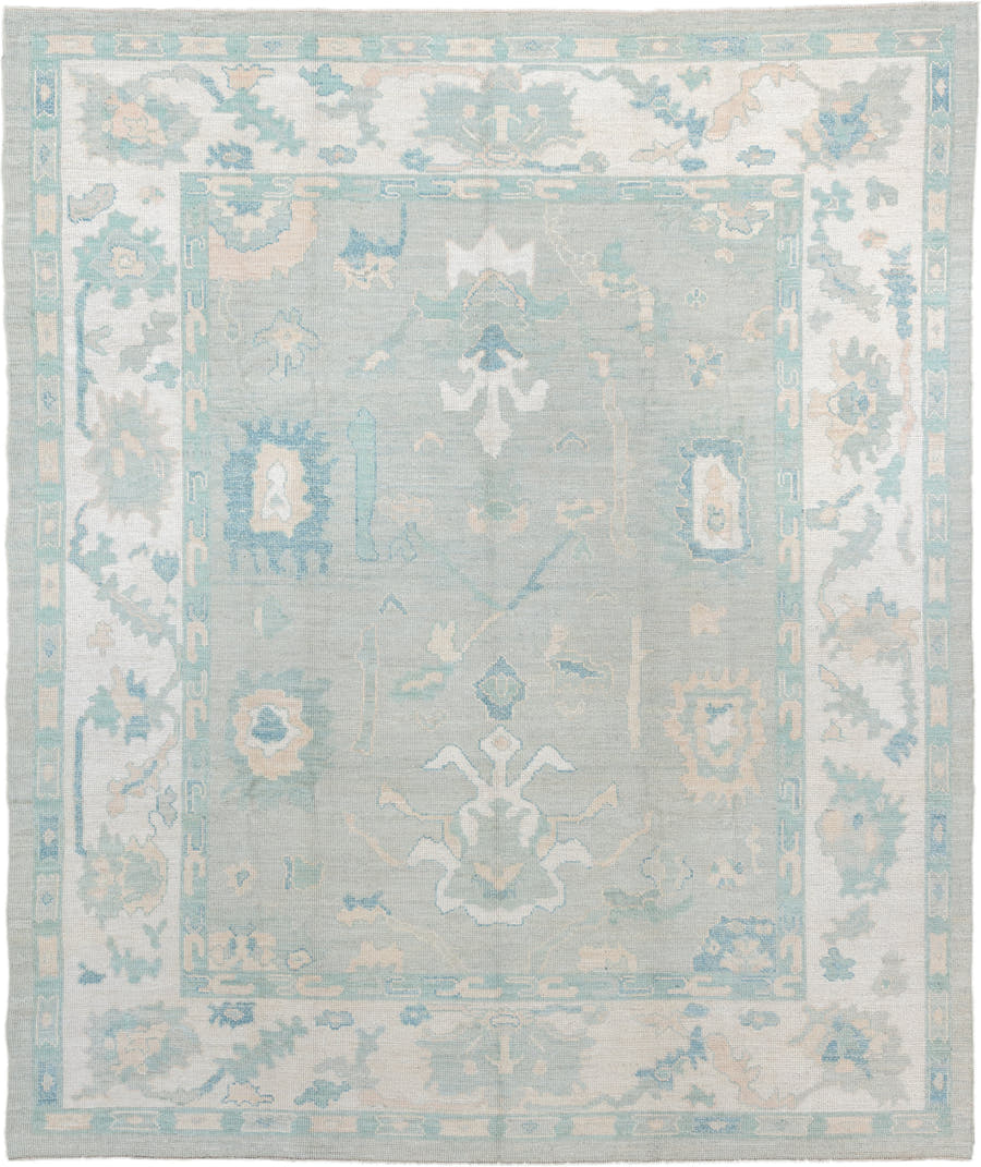 8' x 10' one-of-a-kind handmade vintage Oushak large size rug. Color palette: pale aqua, ivory, sky blue, taupe, cream, sage