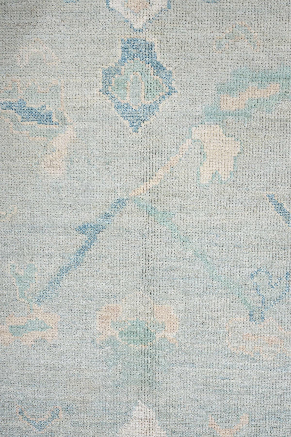 8' x 10' one-of-a-kind handmade vintage Oushak large size rug. Color palette: pale aqua, ivory, sky blue, taupe, cream, sage