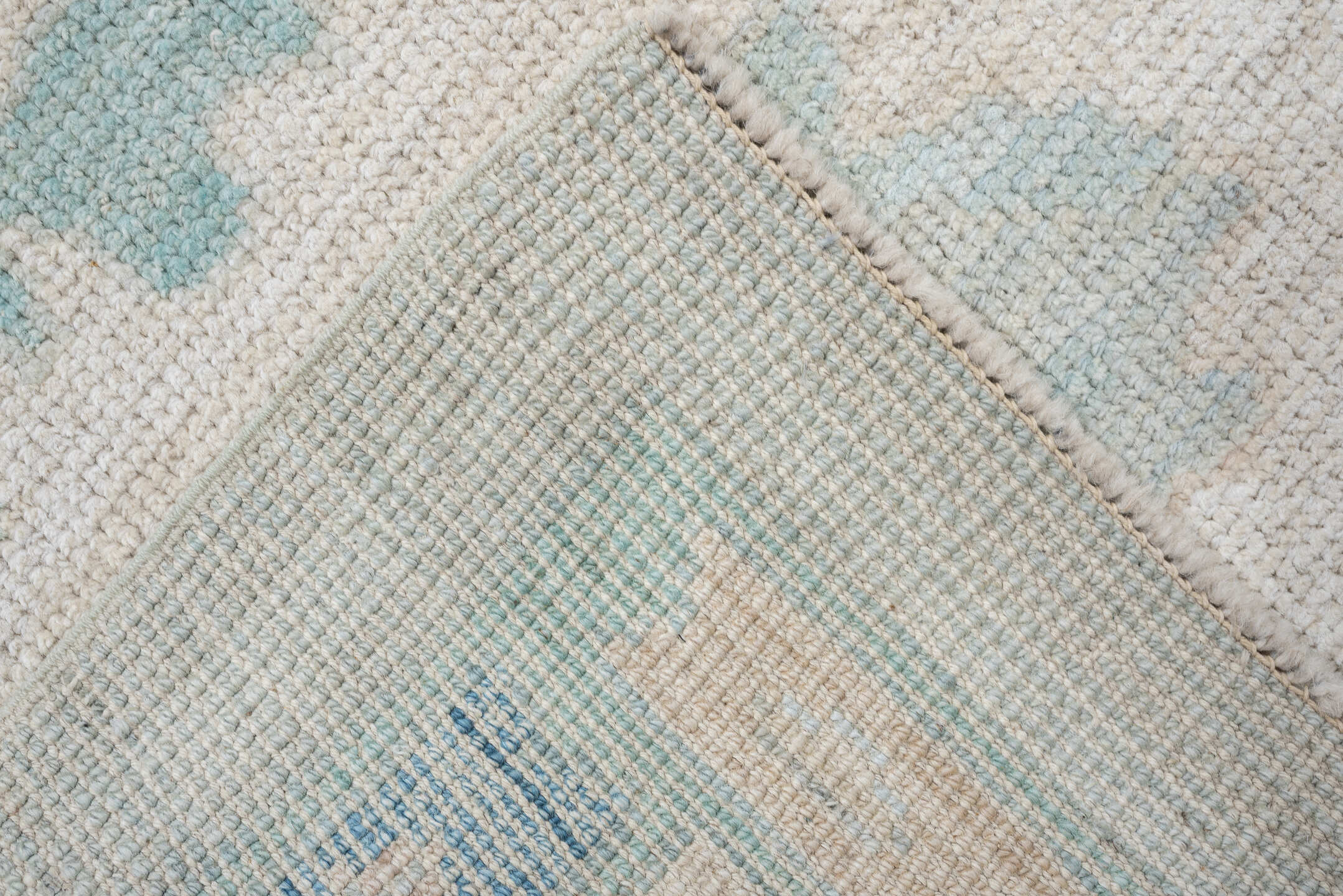 8' x 10' one-of-a-kind handmade vintage Oushak large size rug. Color palette: pale aqua, ivory, sky blue, taupe, cream, sage