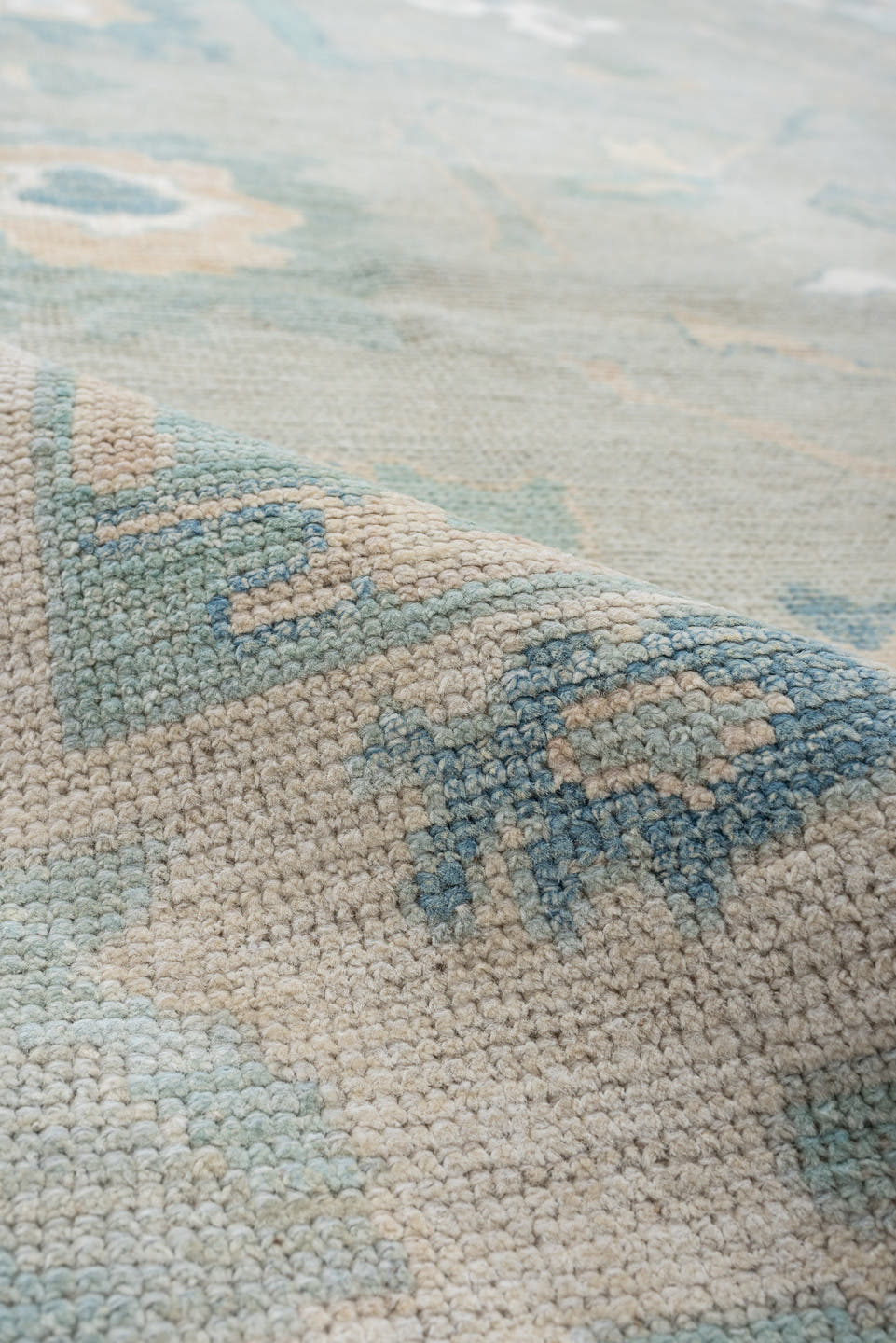 8' x 10' one-of-a-kind handmade vintage Oushak large size rug. Color palette: pale aqua, ivory, sky blue, taupe, cream, sage