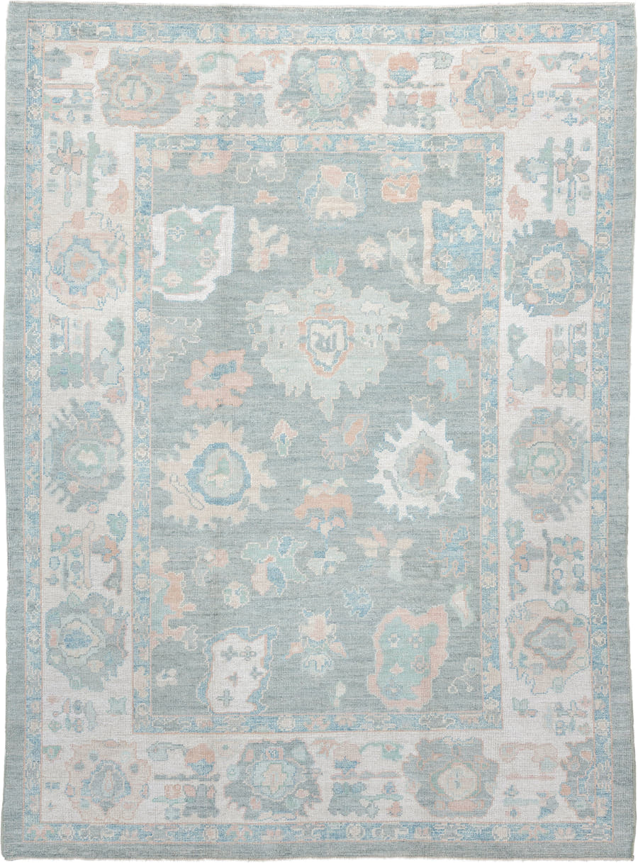 7' x 10' one-of-a-kind handmade vintage Oushak large size rug. Color palette: pale blue, ivory, sage, blush, taupe