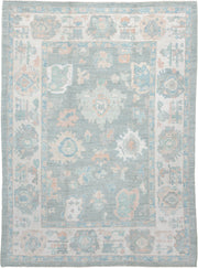 7' x 10' one-of-a-kind handmade vintage Oushak large size rug. Color palette: pale blue, ivory, sage, blush, taupe
