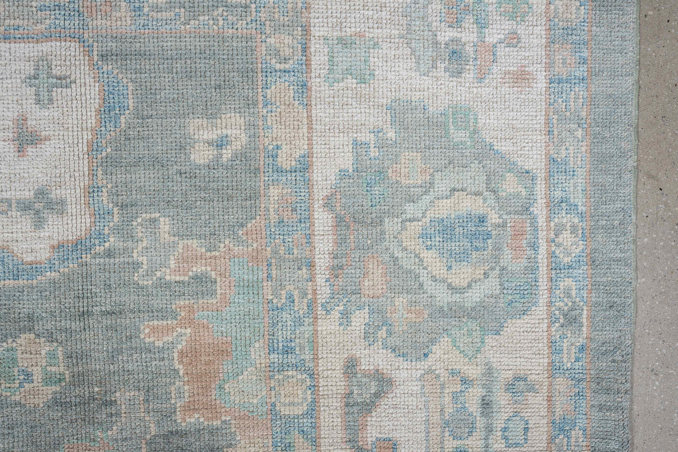 7' x 10' one-of-a-kind handmade vintage Oushak large size rug. Color palette: pale blue, ivory, sage, blush, taupe
