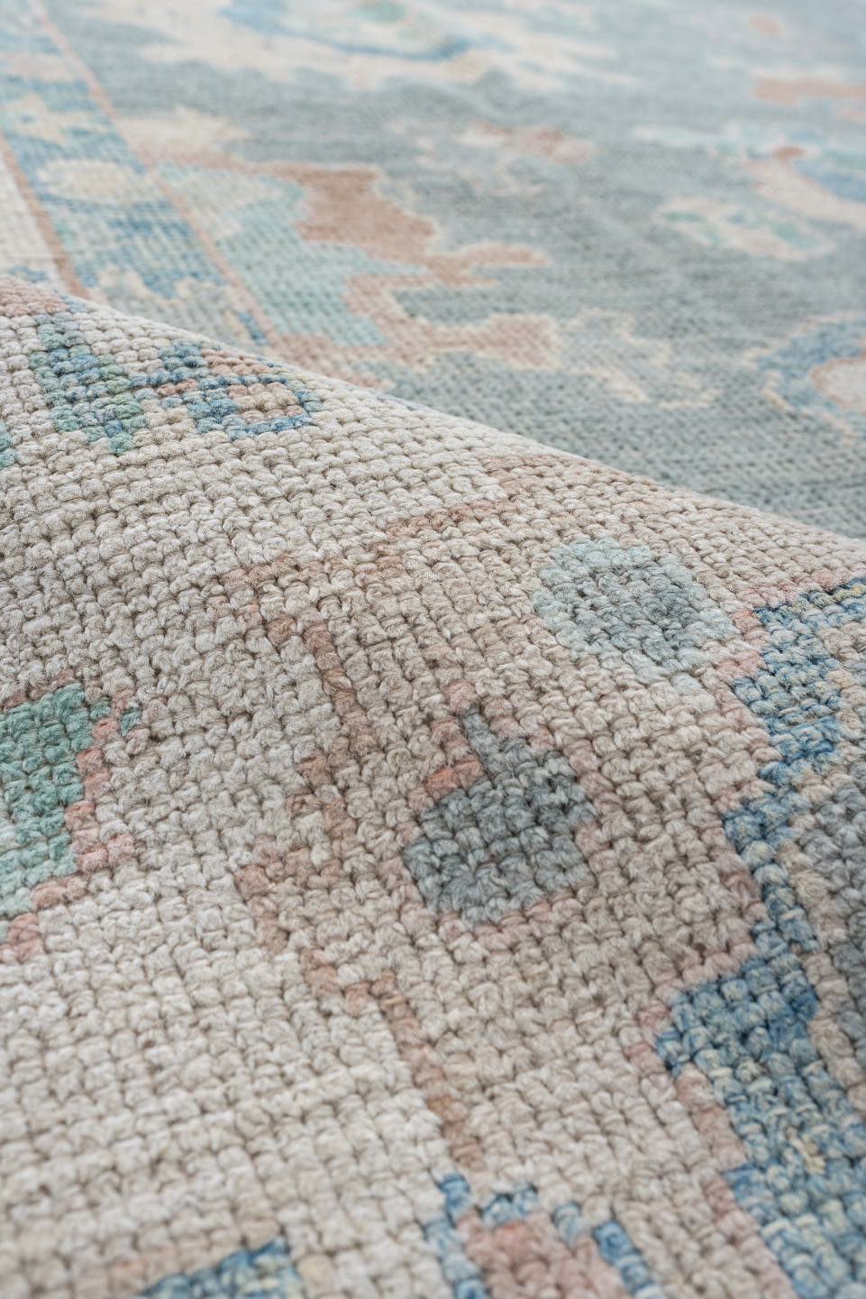 7' x 10' one-of-a-kind handmade vintage Oushak large size rug. Color palette: pale blue, ivory, sage, blush, taupe