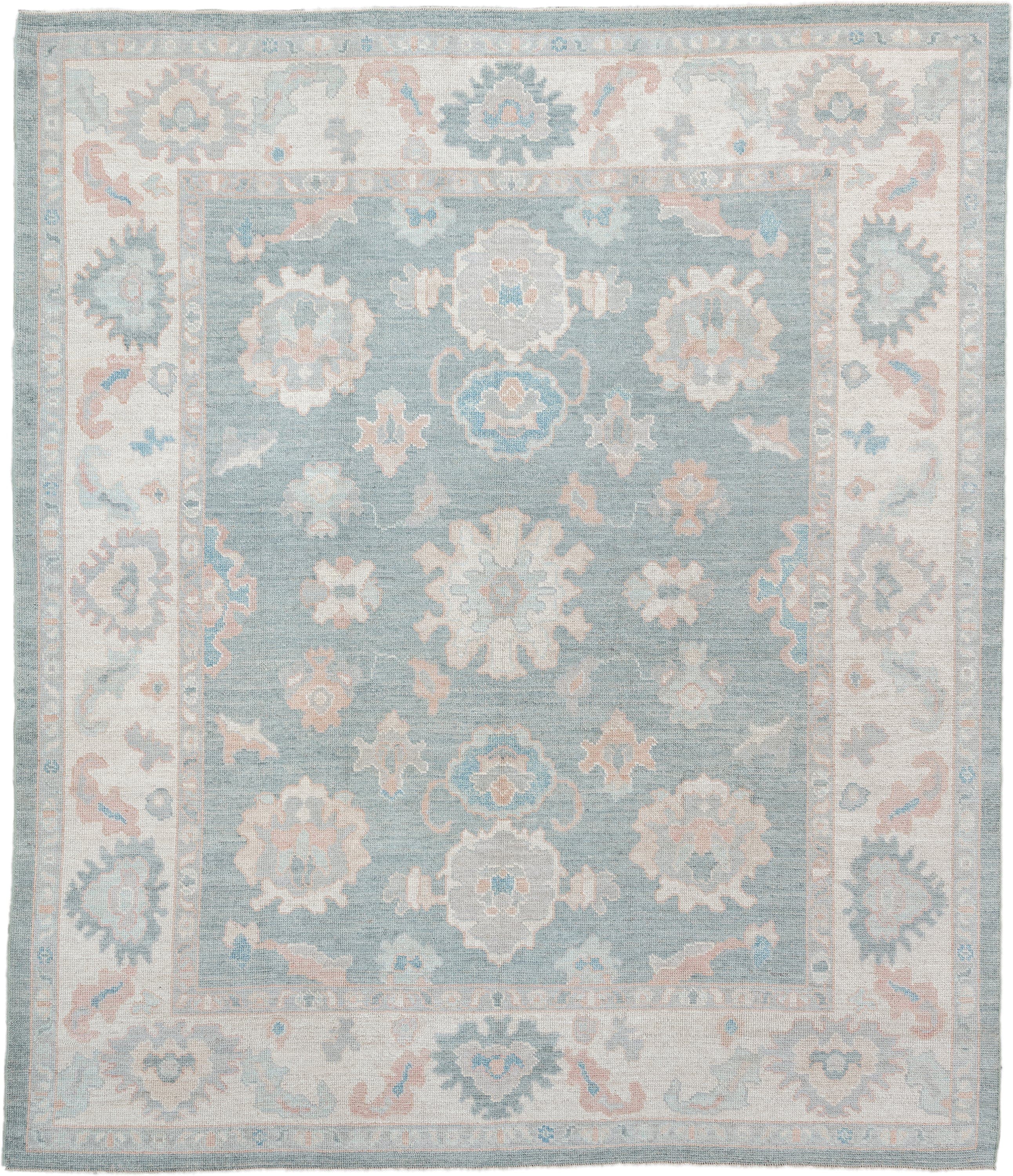 8' x 10' one-of-a-kind handmade vintage Oushak large size rug. Color palette: sky blue, ivory, blush, pale aqua, taupe