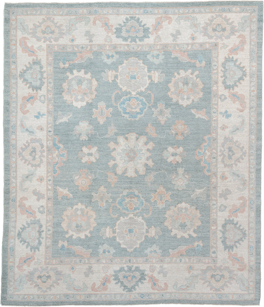 8' x 10' one-of-a-kind handmade vintage Oushak large size rug. Color palette: sky blue, ivory, blush, pale aqua, taupe