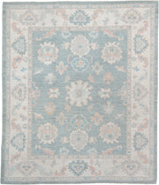 8' x 10' one-of-a-kind handmade vintage Oushak large size rug. Color palette: sky blue, ivory, blush, pale aqua, taupe