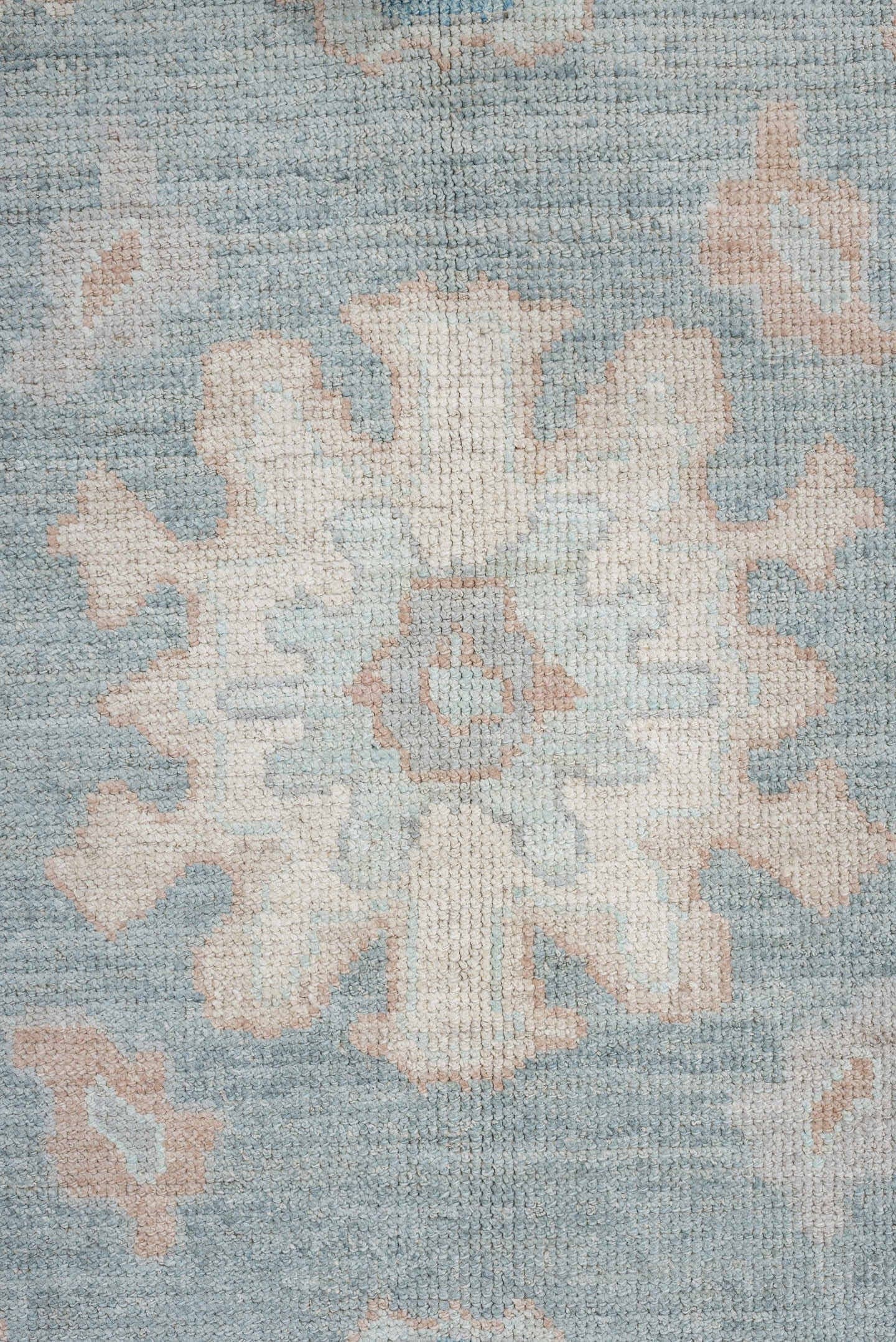 8' x 10' one-of-a-kind handmade vintage Oushak large size rug. Color palette: sky blue, ivory, blush, pale aqua, taupe