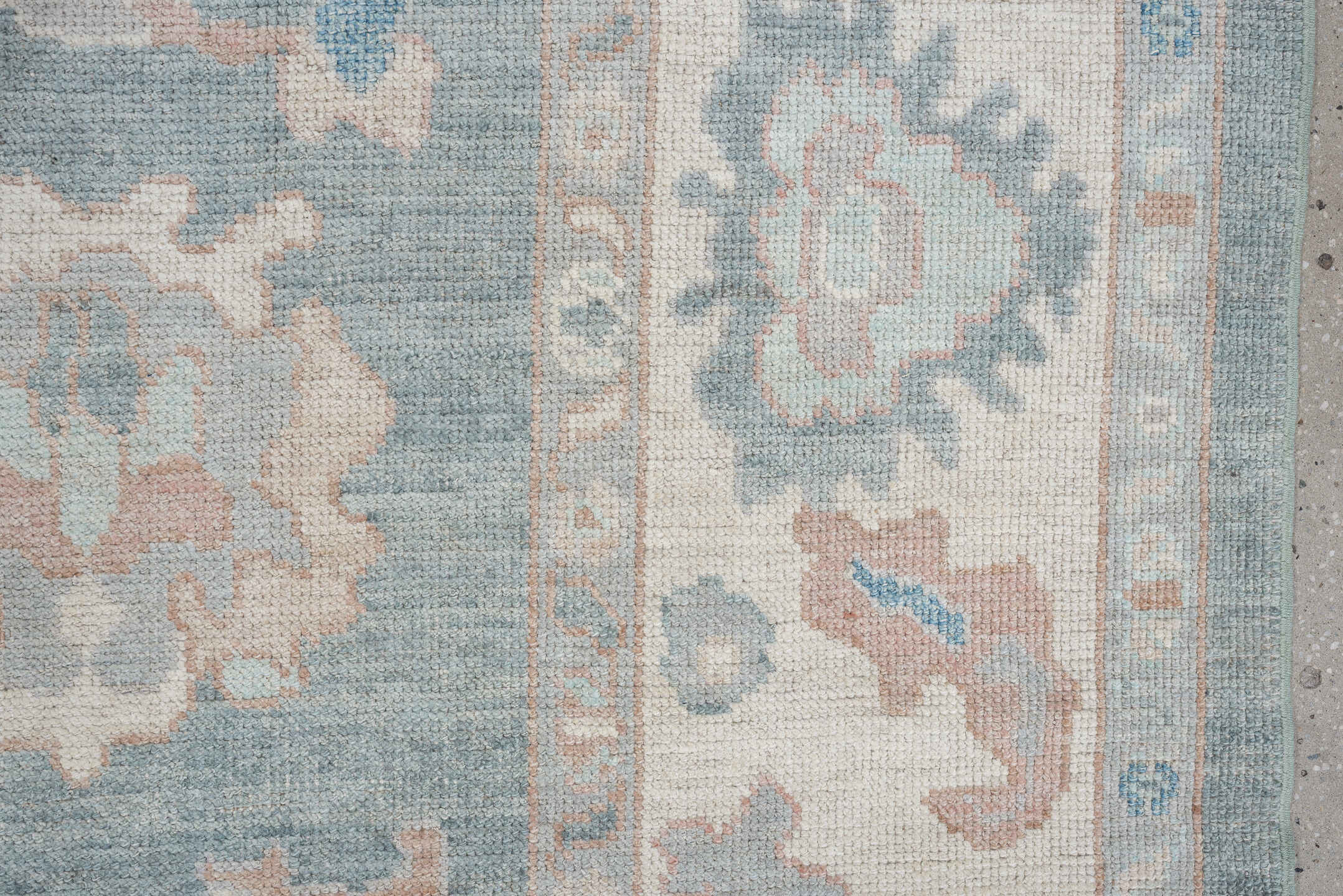8' x 10' one-of-a-kind handmade vintage Oushak large size rug. Color palette: sky blue, ivory, blush, pale aqua, taupe