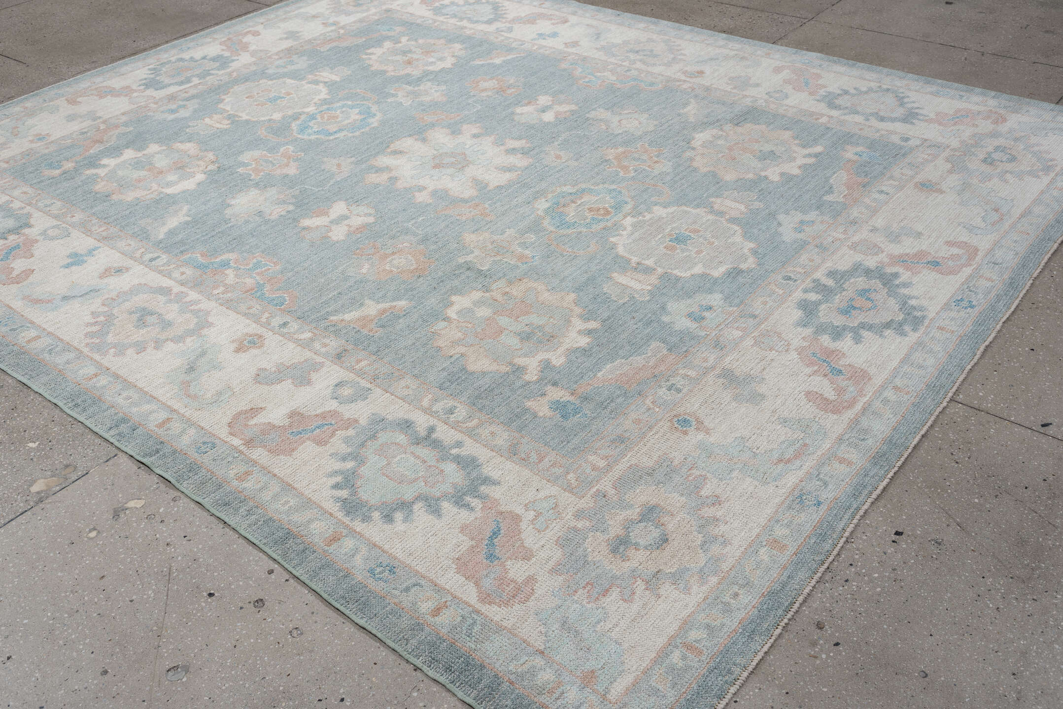 8' x 10' one-of-a-kind handmade vintage Oushak large size rug. Color palette: sky blue, ivory, blush, pale aqua, taupe