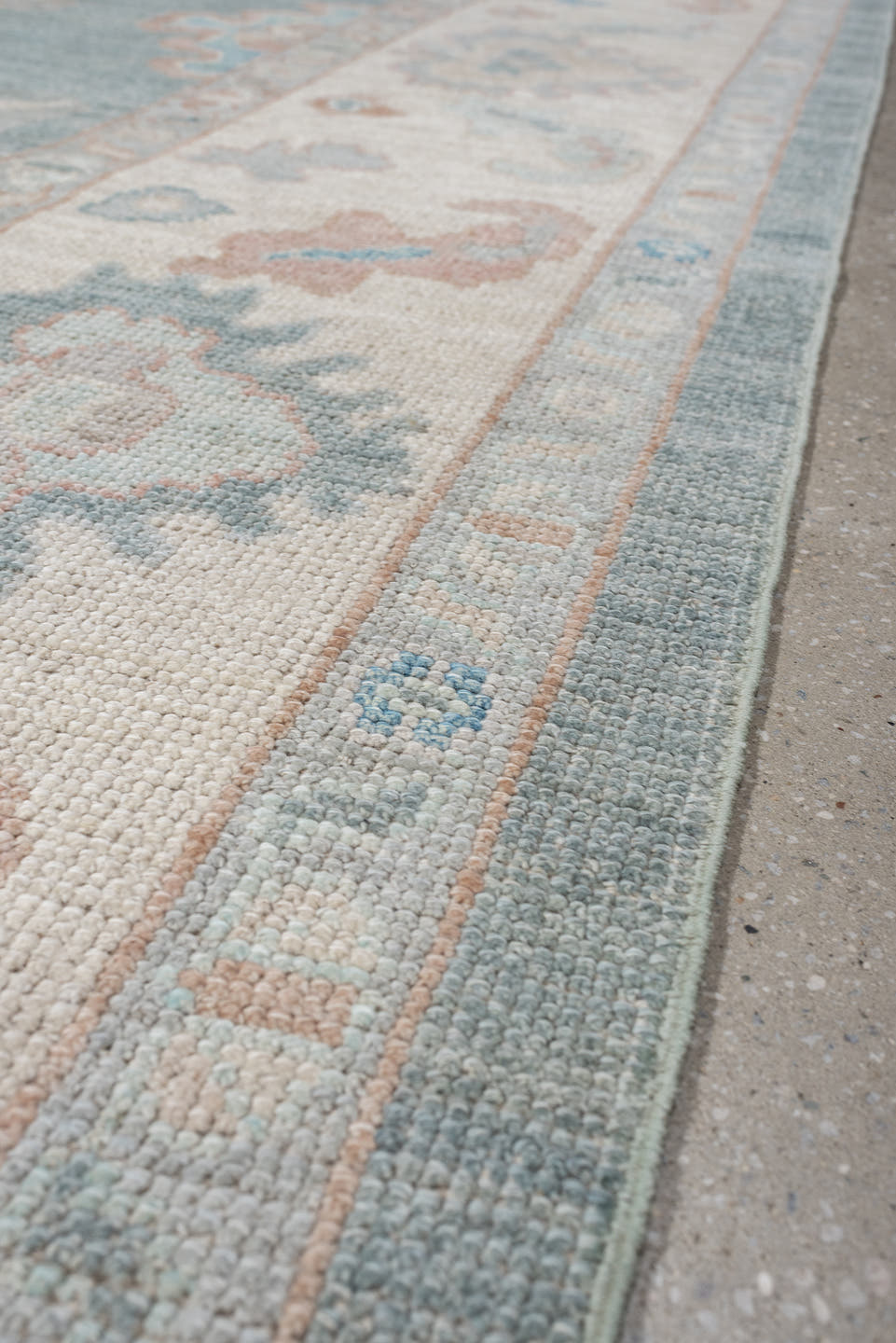 8' x 10' one-of-a-kind handmade vintage Oushak large size rug. Color palette: sky blue, ivory, blush, pale aqua, taupe