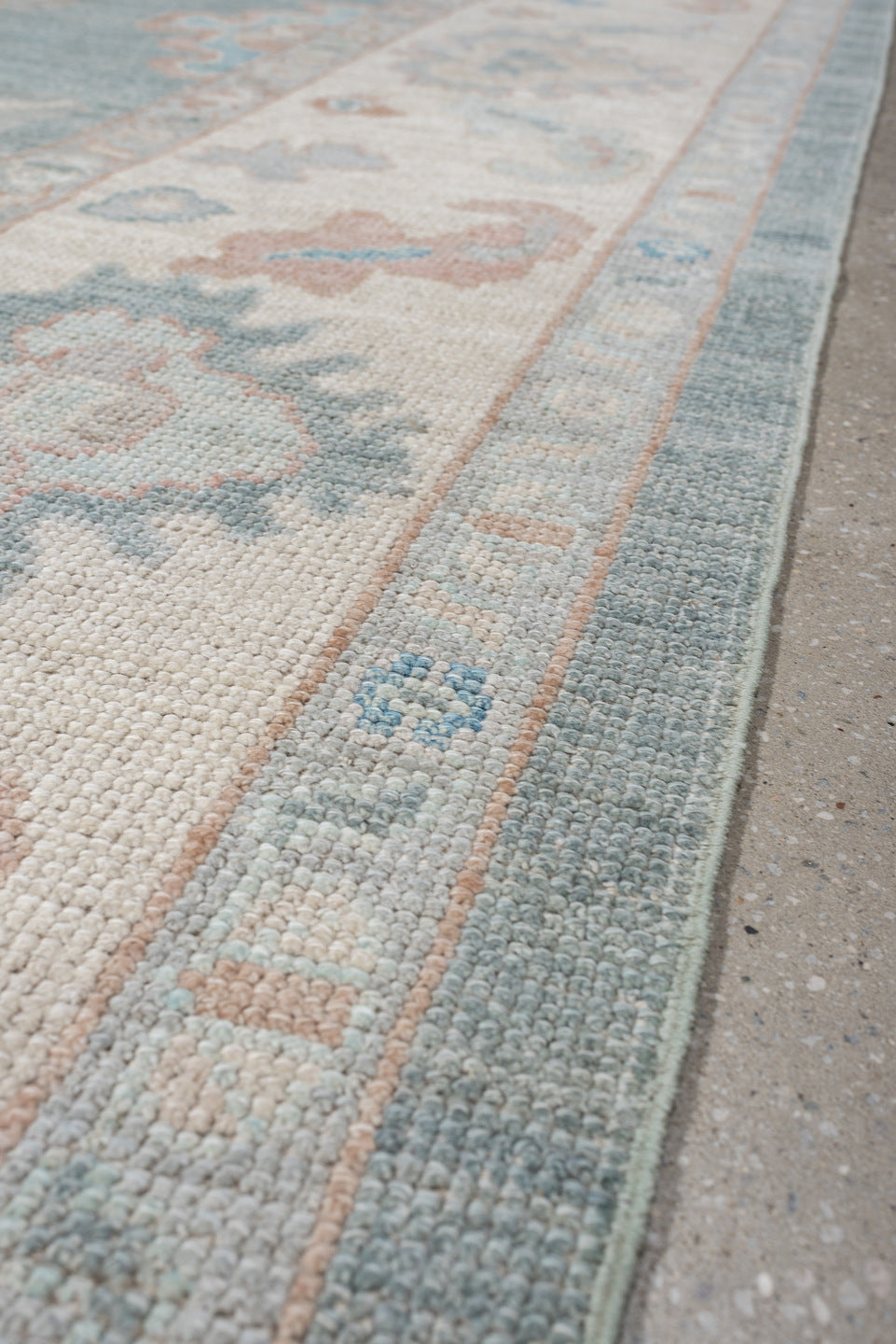 8' x 10' one-of-a-kind handmade vintage Oushak large size rug. Color palette: sky blue, ivory, blush, pale aqua, taupe