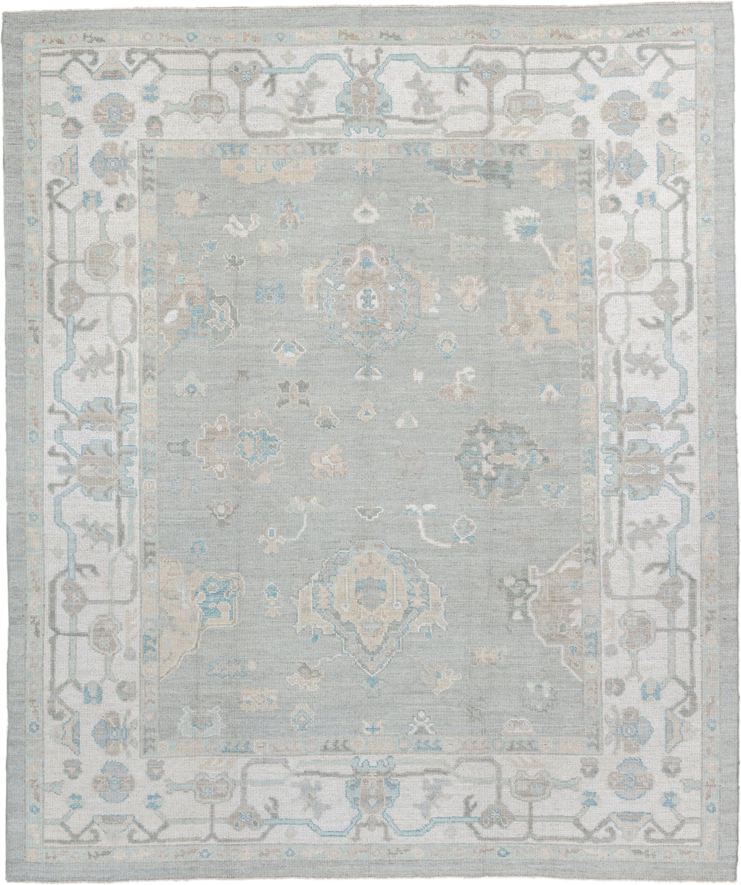 8' x 10' one-of-a-kind handmade vintage Oushak large size rug. Color palette: pale blue, ivory, taupe, sky blue, beige, gray