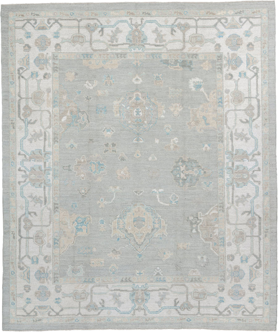 8' x 10' one-of-a-kind handmade vintage Oushak large size rug. Color palette: pale blue, ivory, taupe, sky blue, beige, gray