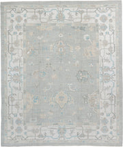 8' x 10' one-of-a-kind handmade vintage Oushak large size rug. Color palette: pale blue, ivory, taupe, sky blue, beige, gray