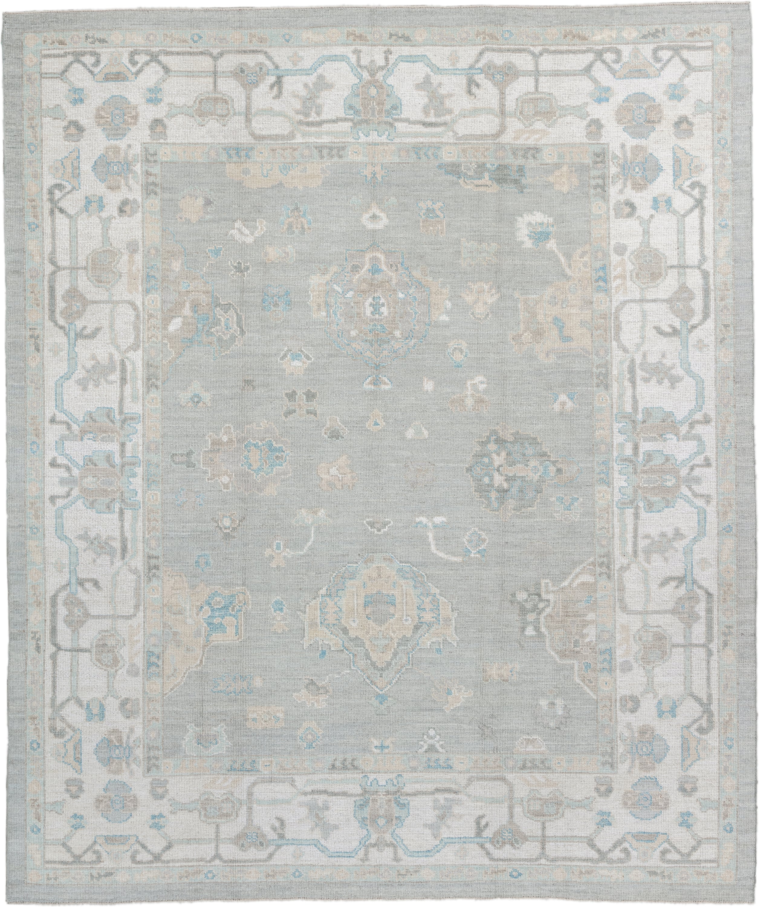 8' x 10' one-of-a-kind handmade vintage Oushak large size rug. Color palette: pale blue, ivory, taupe, sky blue, beige, gray