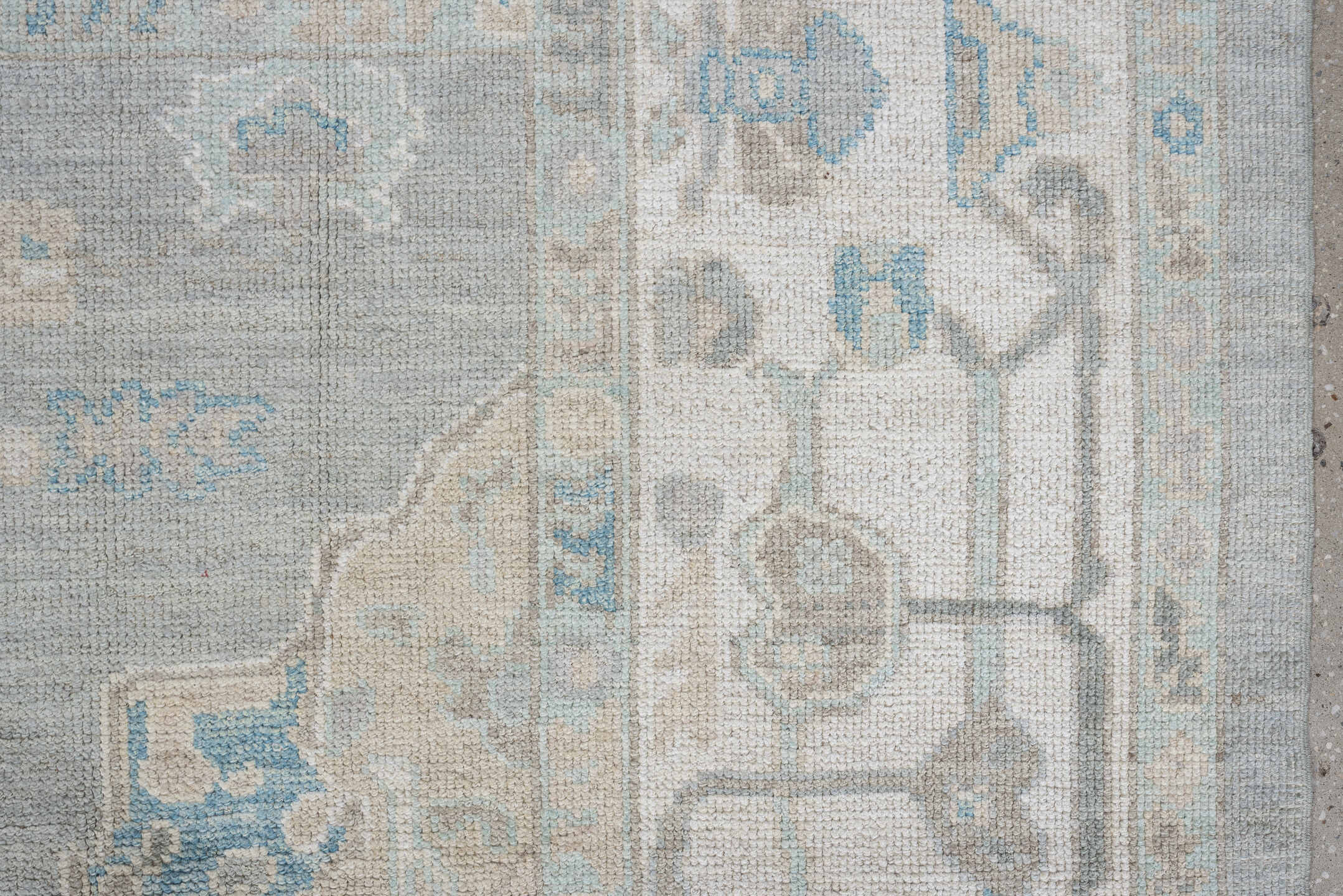 8' x 10' one-of-a-kind handmade vintage Oushak large size rug. Color palette: pale blue, ivory, taupe, sky blue, beige, gray