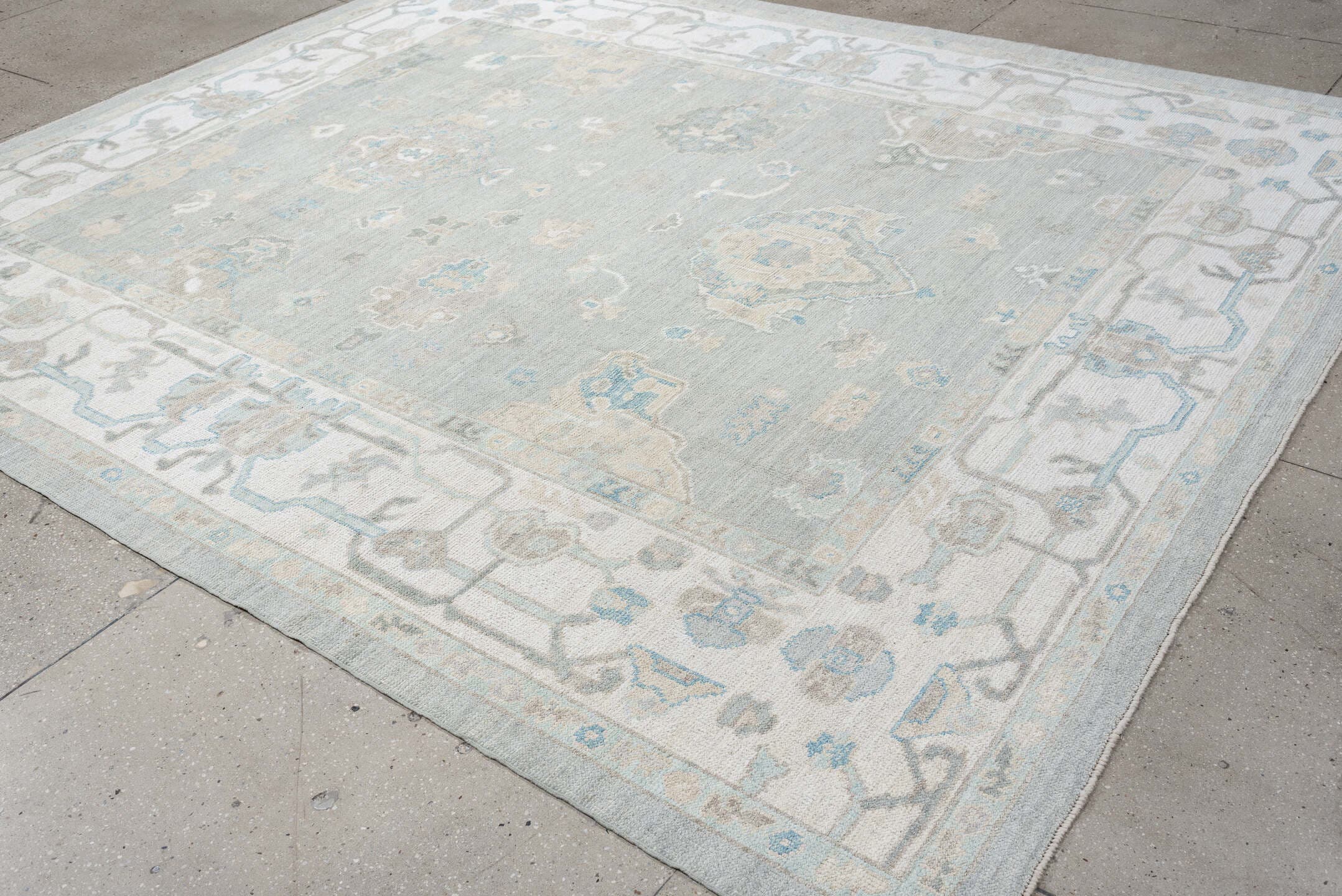 8' x 10' one-of-a-kind handmade vintage Oushak large size rug. Color palette: pale blue, ivory, taupe, sky blue, beige, gray