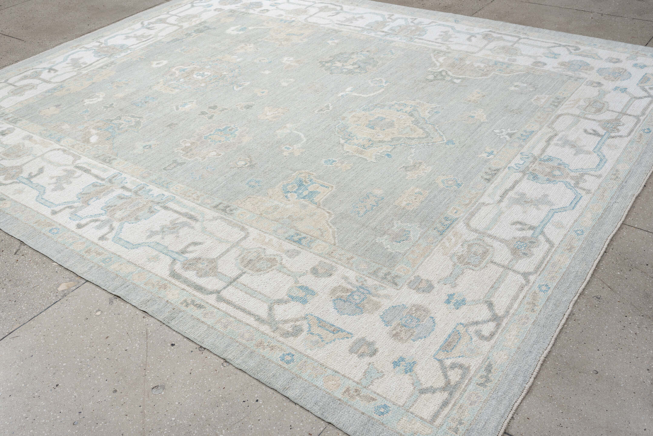 8' x 10' one-of-a-kind handmade vintage Oushak large size rug. Color palette: pale blue, ivory, taupe, sky blue, beige, gray