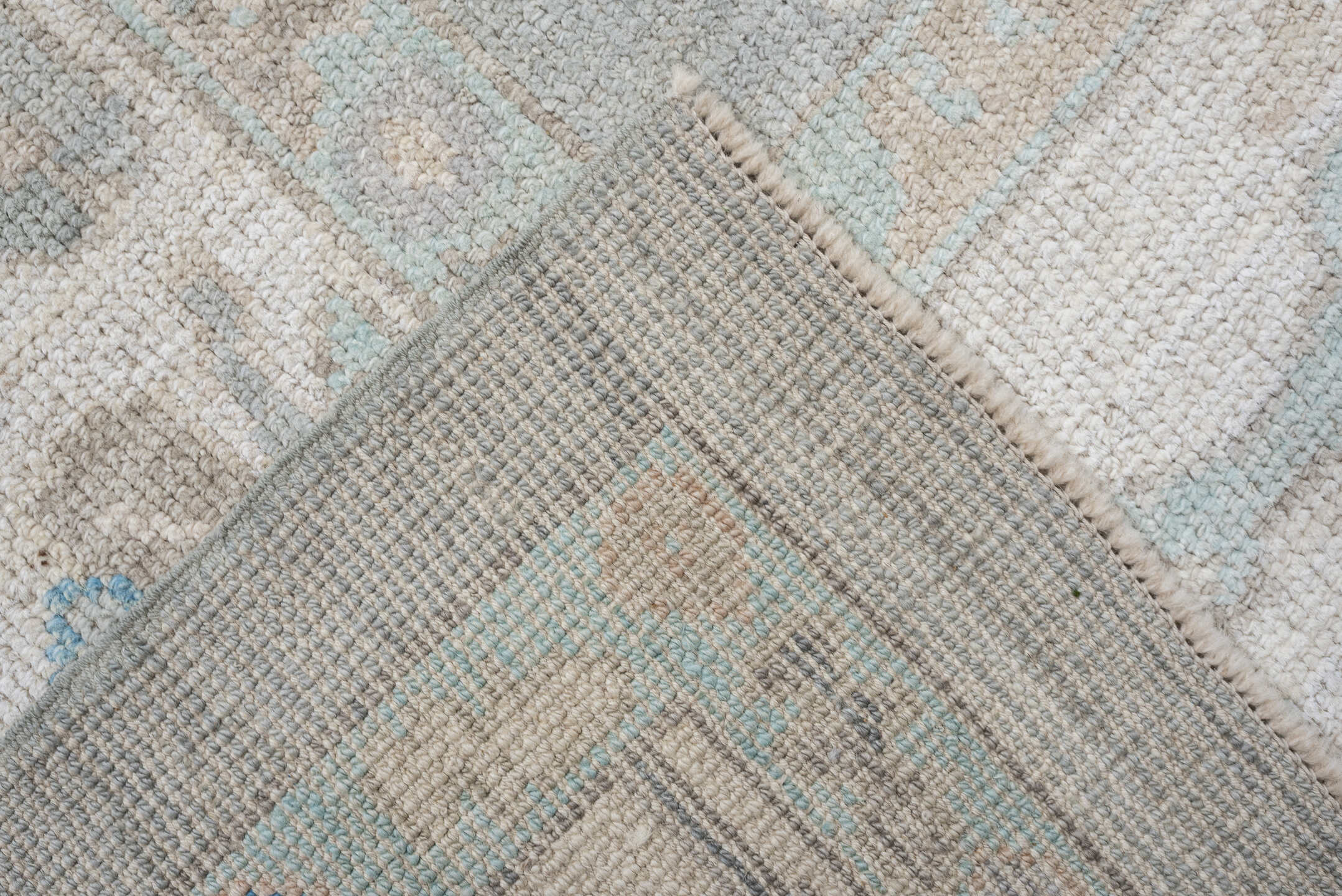 8' x 10' one-of-a-kind handmade vintage Oushak large size rug. Color palette: pale blue, ivory, taupe, sky blue, beige, gray