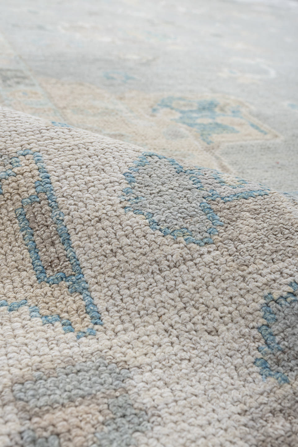 8' x 10' one-of-a-kind handmade vintage Oushak large size rug. Color palette: pale blue, ivory, taupe, sky blue, beige, gray