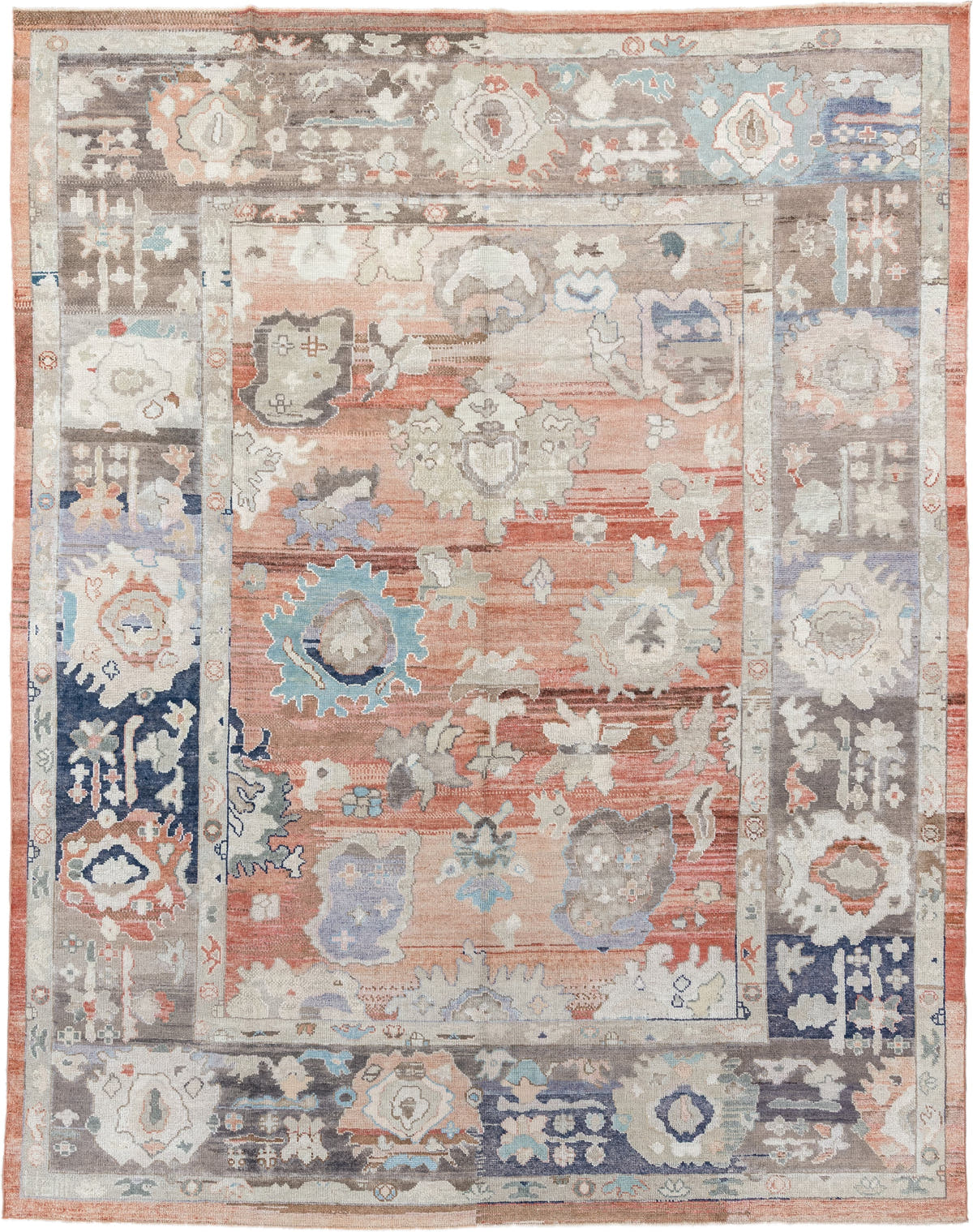 9' x 11' one-of-a-kind handmade vintage Oushak large size rug. Color palette: terracotta, taupe, ivory, cream, powder blue