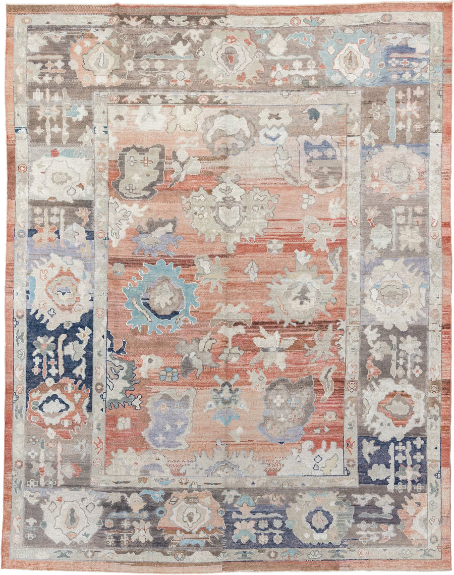 9' x 11' one-of-a-kind handmade vintage Oushak large size rug. Color palette: terracotta, taupe, ivory, cream, powder blue