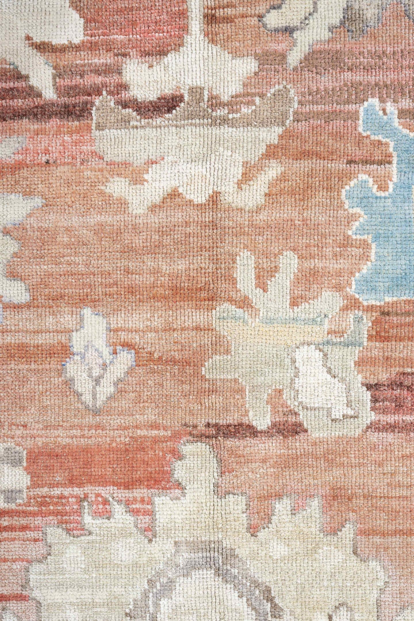 9' x 11' one-of-a-kind handmade vintage Oushak large size rug. Color palette: terracotta, taupe, ivory, cream, powder blue