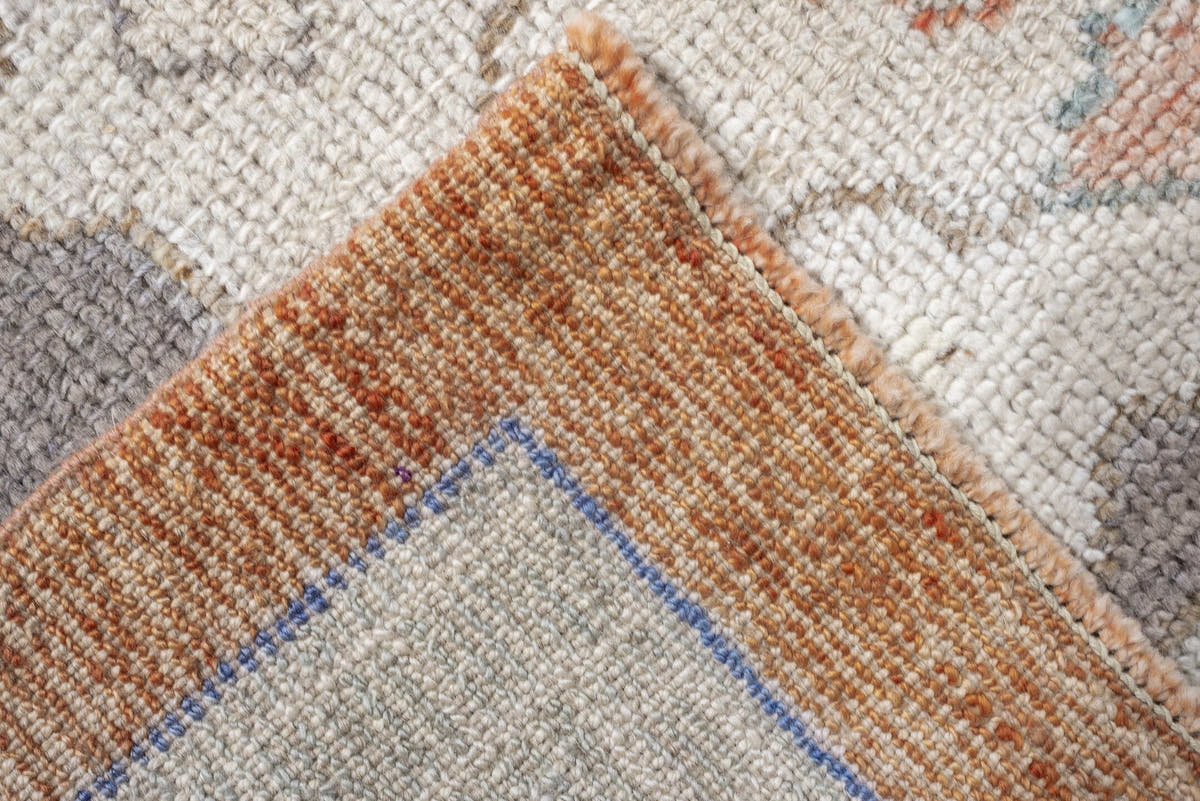 9' x 11' one-of-a-kind handmade vintage Oushak large size rug. Color palette: terracotta, taupe, ivory, cream, powder blue